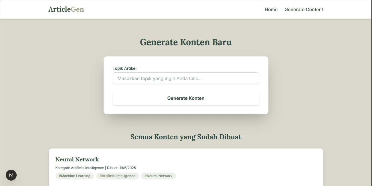 Content Generation Interface in ArticleGen